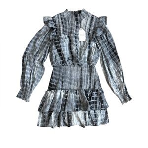 NEW Anthropologie English Factory Long Slv High-Neck Tie Dye smocked Dress Large